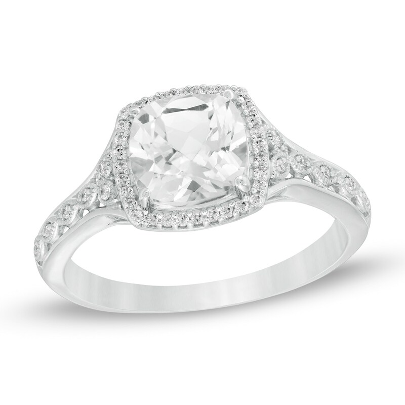 7.0mm Cushion-Cut Lab-Created White Sapphire and 1/10 CT. T.W. Diamond Vintage-Style Ring in 10K White Gold