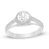 Thumbnail Image 1 of 6.0mm Lab-Created White Sapphire and 1/8 CT. T.W. Diamond Frame Split Shank Ring in Sterling Silver