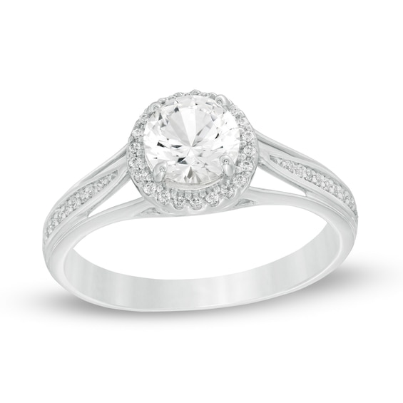 6.0mm Lab-Created White Sapphire and 1/8 CT. T.w. Diamond Frame Split Shank Ring in Sterling Silver