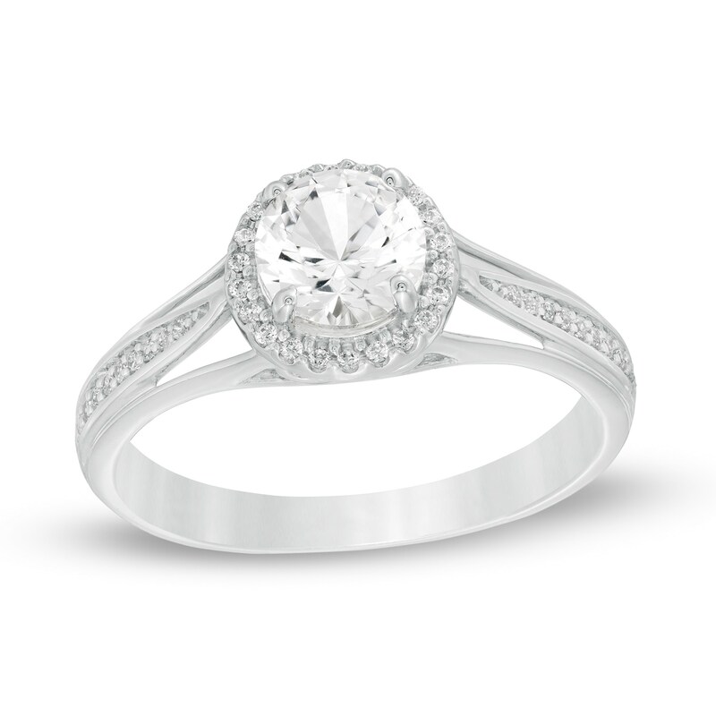 Main Image 1 of 6.0mm Lab-Created White Sapphire and 1/8 CT. T.W. Diamond Frame Split Shank Ring in Sterling Silver