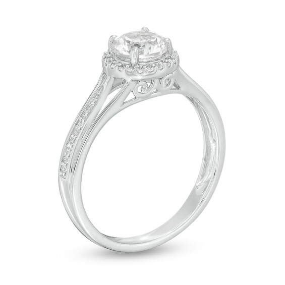 6.0mm Lab-Created White Sapphire and 1/8 CT. T.w. Diamond Frame Split Shank Ring in Sterling Silver