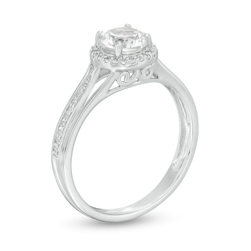 Main Image 2 of 6.0mm Lab-Created White Sapphire and 1/8 CT. T.W. Diamond Frame Split Shank Ring in Sterling Silver