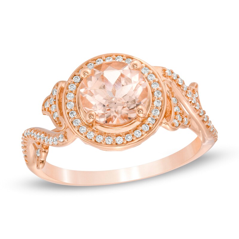 Main Image 1 of 7.0mm Morganite and 1/5 CT. T.W. Diamond Frame Vine Shank Ring in 10K Rose Gold