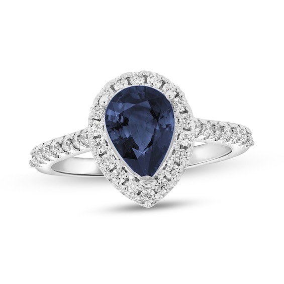 Pear-Shaped Blue Sapphire and 3/8 CT. T.w. Diamond Frame Ring in 14K White Gold