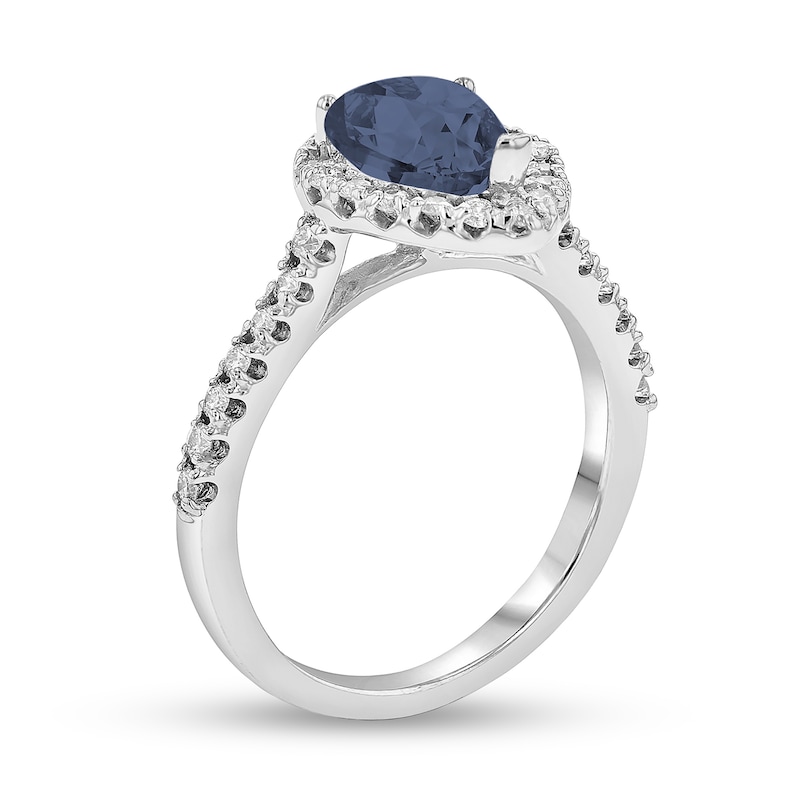 Pear-Shaped Blue Sapphire and 3/8 CT. T.W. Diamond Frame Ring in 14K White Gold