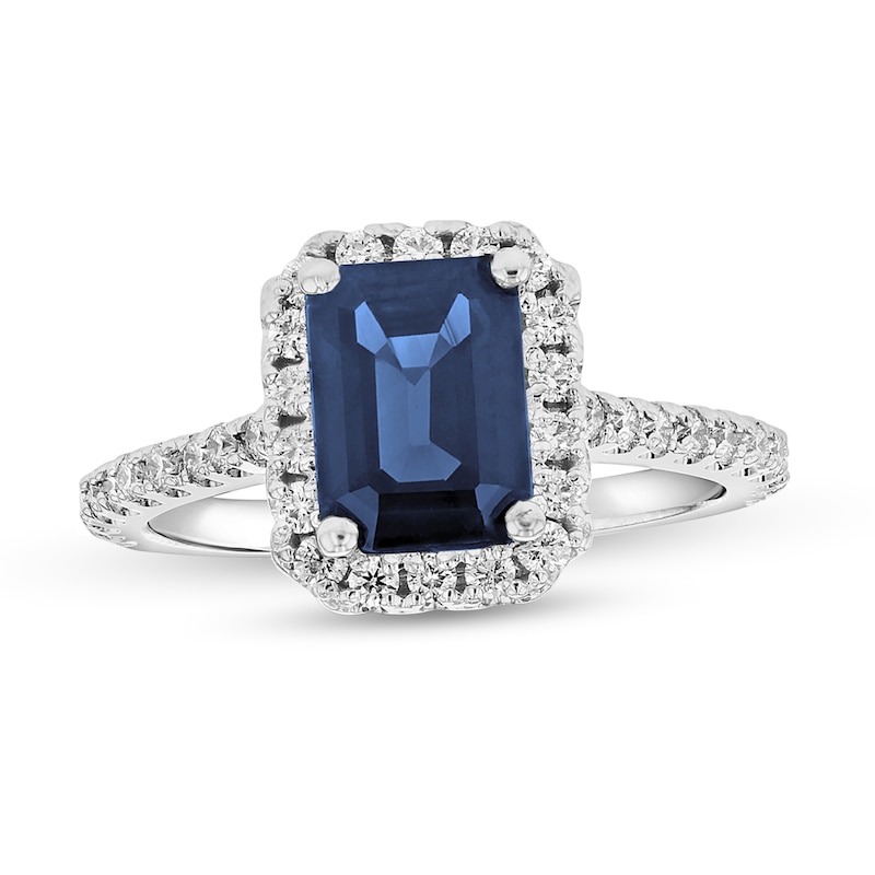 Emerald-Cut Blue Sapphire and 3/8 CT. T.W. Diamond Frame Ring in 14K White Gold