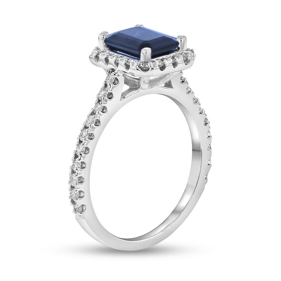 Emerald-Cut Blue Sapphire and 3/8 CT. T.w. Diamond Frame Ring in 14K White Gold