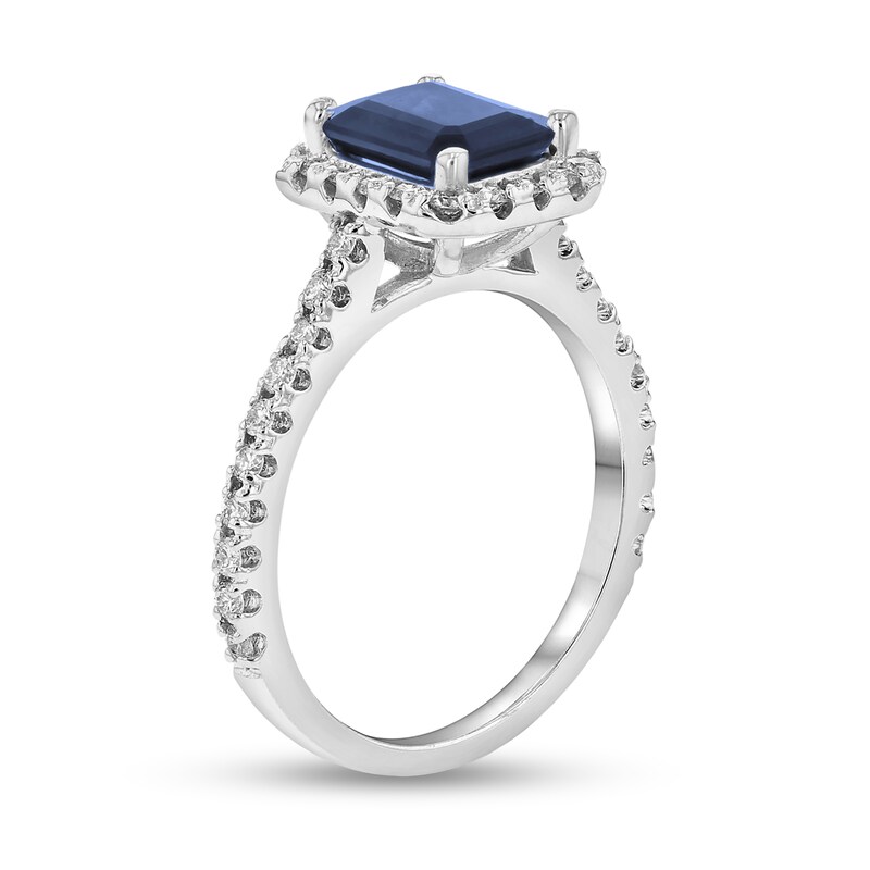 Emerald-Cut Blue Sapphire and 3/8 CT. T.W. Diamond Frame Ring in 14K White Gold