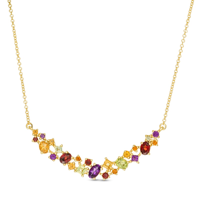 Main Image 1 of Multi-Gemstone Scatter Curved Bar Necklace in Sterling Silver with 14K Gold Plate - 15.5"