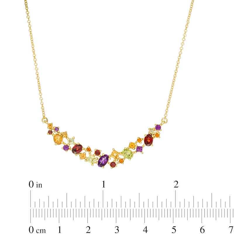 Multi-Gemstone Scatter Curved Bar Necklace in Sterling Silver with 14K Gold Plate - 15.5"