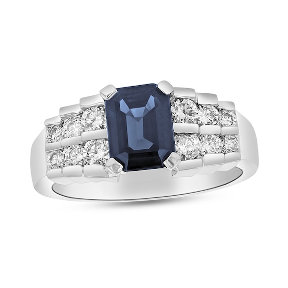 Emerald-Cut Blue Sapphire and 5/8 CT. T.w. Diamond Staggered Double Row Ring in 14K White Gold
