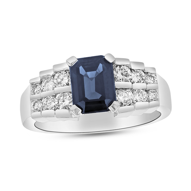 Emerald-Cut Blue Sapphire and 5/8 CT. T.W. Diamond Staggered Double Row Ring in 14K White Gold