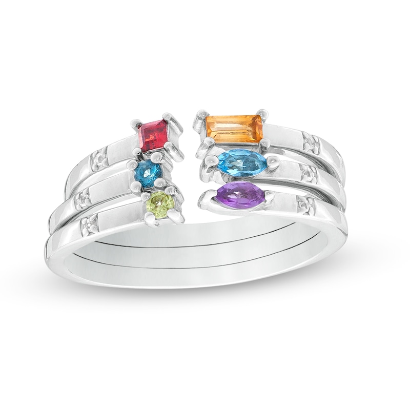 Multi-Gemstone Stackable Open Shank Three Ring Set in Sterling Silver