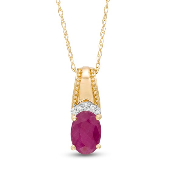 Oval Ruby and Diamond Accent Beaded Drop Pendant in 10K Gold