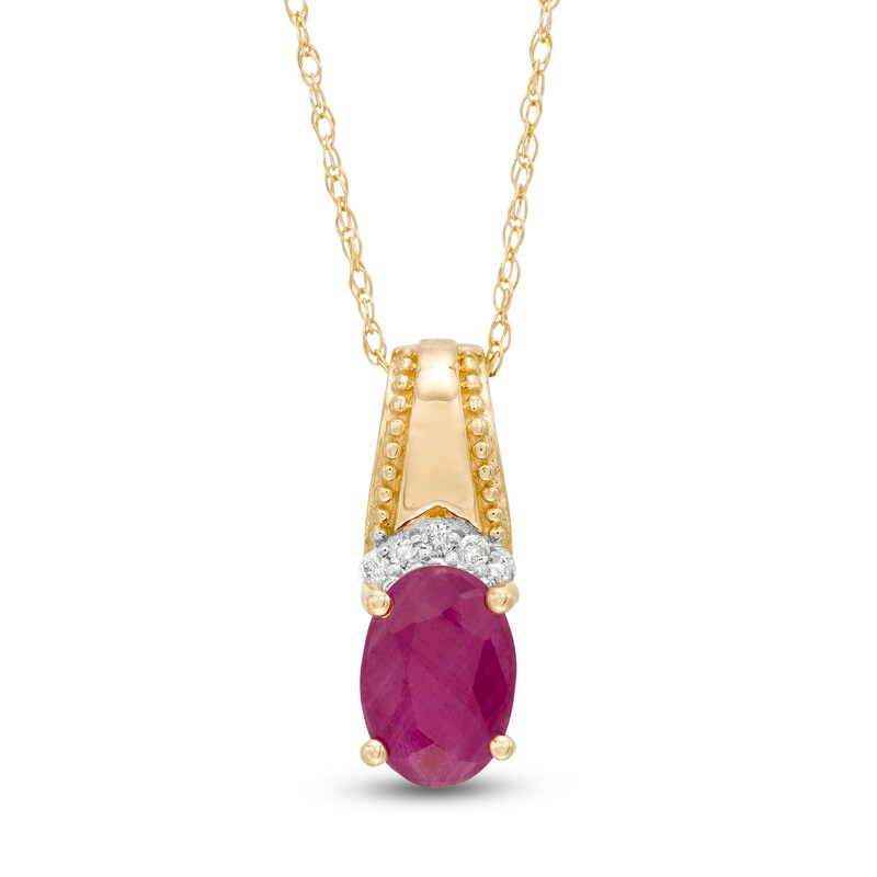 Main Image 1 of Oval Ruby and Diamond Accent Beaded Drop Pendant in 10K Gold
