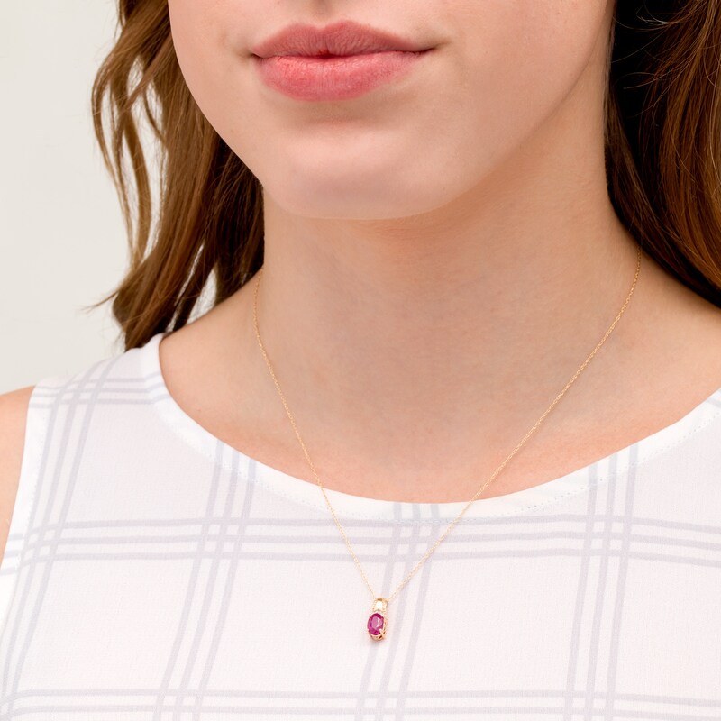 Main Image 2 of Oval Ruby and Diamond Accent Beaded Drop Pendant in 10K Gold