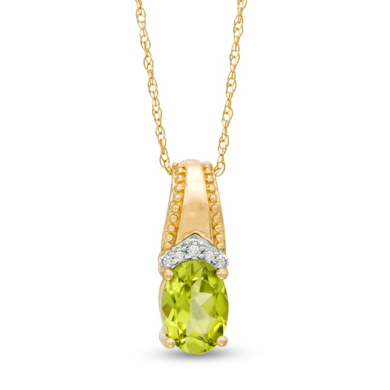 Oval Peridot and Diamond Accent Beaded Drop Pendant in 10K Gold