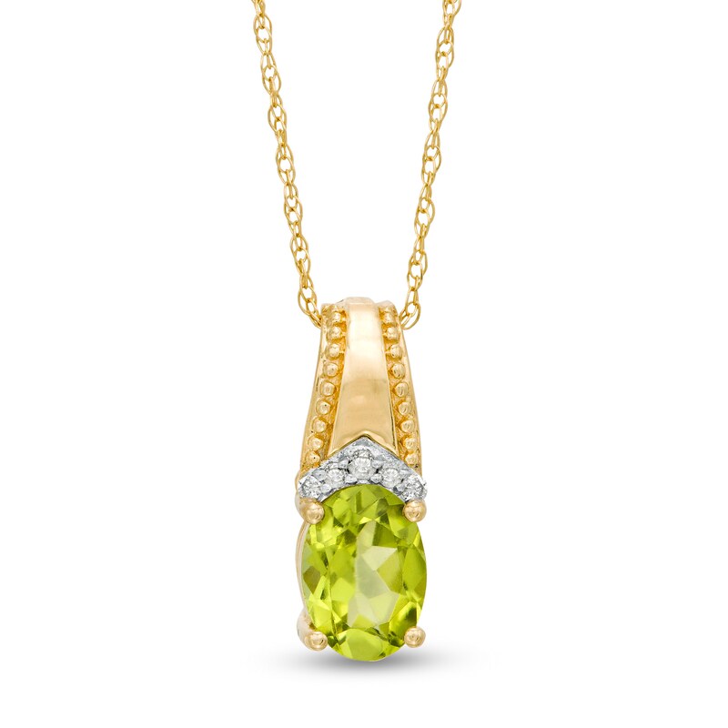 Main Image 1 of Oval Peridot and Diamond Accent Beaded Drop Pendant in 10K Gold