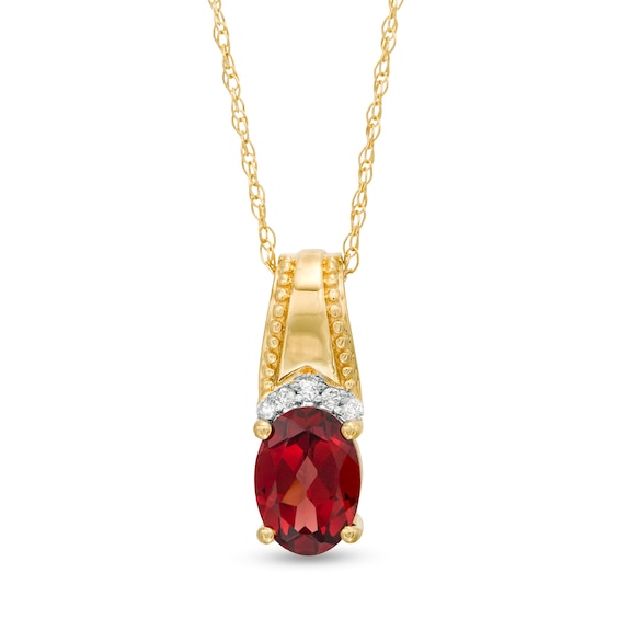 Oval Garnet and Diamond Accent Beaded Drop Pendant in 10K Gold