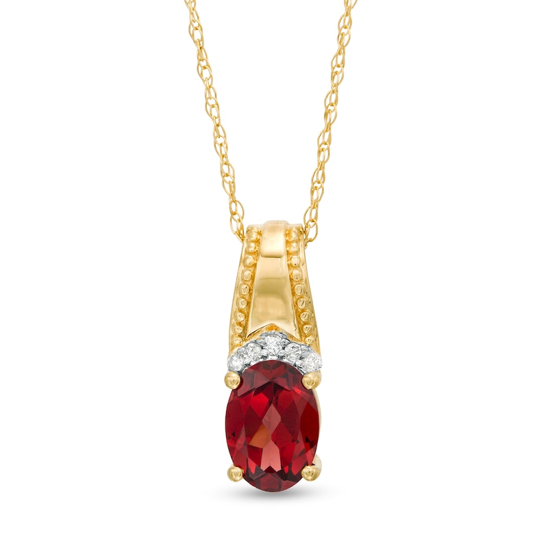 Oval Garnet and Diamond Accent Beaded Drop Pendant in 10K Gold