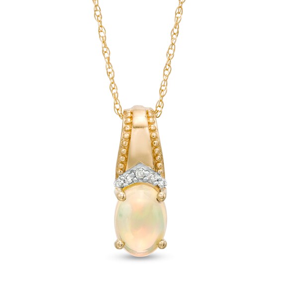 Oval Opal and Diamond Accent Beaded Drop Pendant in 10K Gold