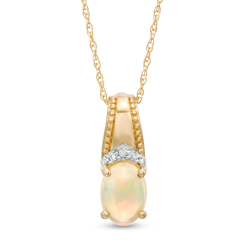 Main Image 1 of Oval Opal and Diamond Accent Beaded Drop Pendant in 10K Gold