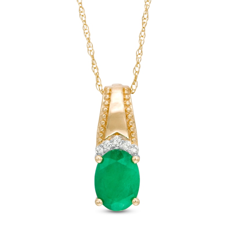 Main Image 1 of Oval Emerald and Diamond Accent Beaded Drop Pendant in 10K Gold