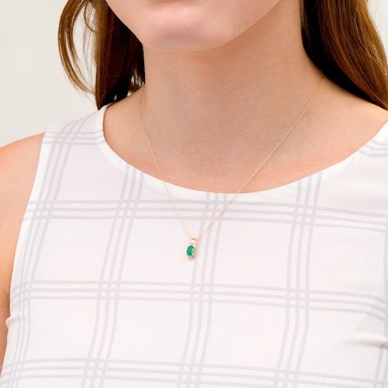 Oval Emerald and Diamond Accent Beaded Drop Pendant in 10K Gold