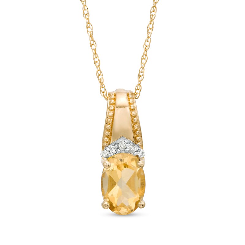 Main Image 1 of Oval Citrine and Diamond Accent Beaded Drop Pendant in 10K Gold