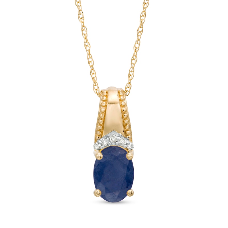 Main Image 1 of Oval Blue Sapphire and Diamond Accent Beaded Drop Pendant in 10K Gold