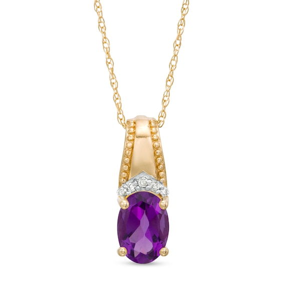 Oval Amethyst and Diamond Accent Beaded Drop Pendant in 10K Gold