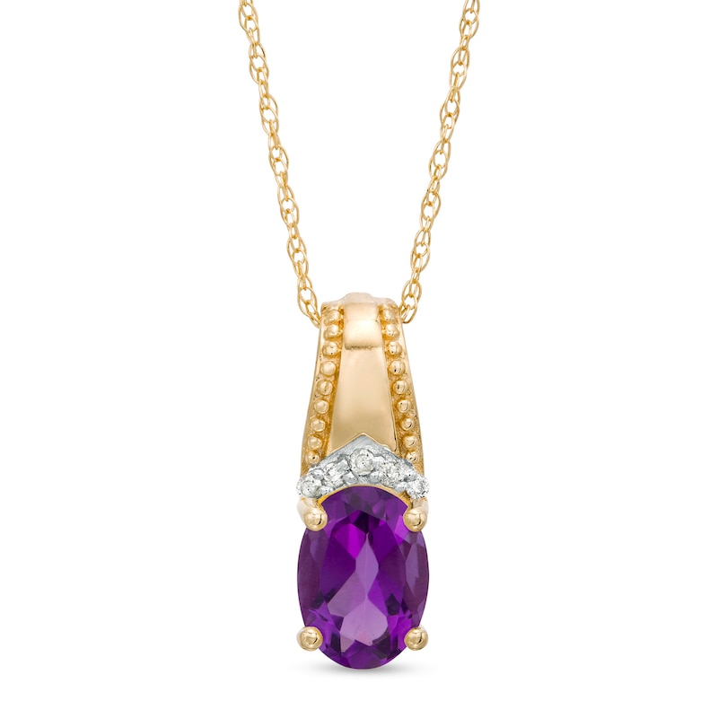 Main Image 1 of Oval Amethyst and Diamond Accent Beaded Drop Pendant in 10K Gold