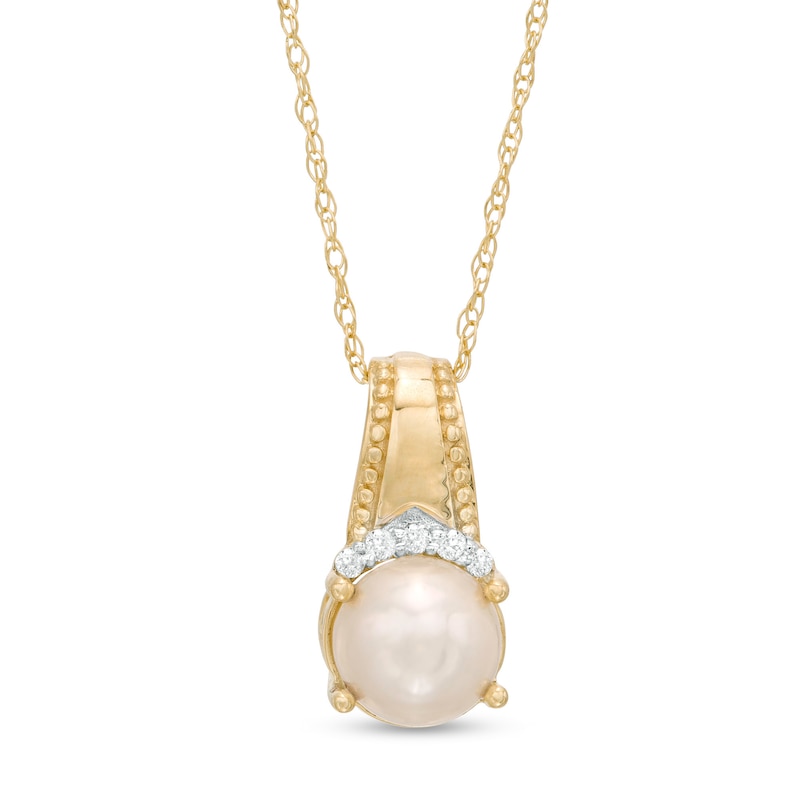 Main Image 1 of 6.0mm Freshwater Cultured Pearl and Diamond Accent Beaded Drop Pendant in 10K Gold