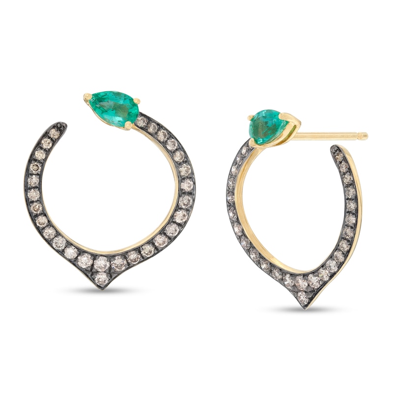Pear-Shaped Emerald and 3/8 CT. T.W. Champagne Diamond Drop Earrings in 14K Gold with Black Rhodium