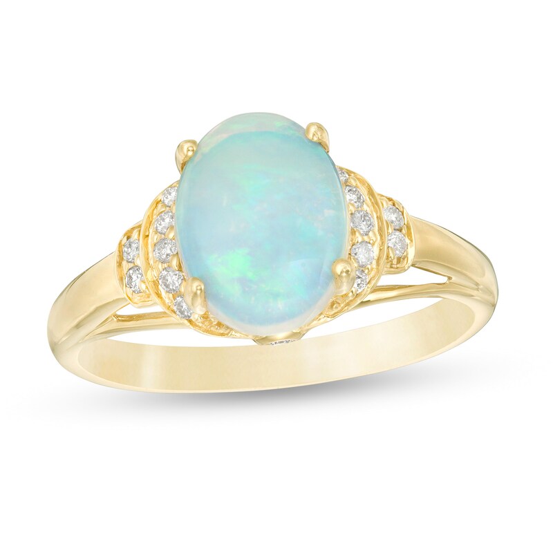 Oval Opal and 1/10 CT. T.W. Diamond Double Stepped Shank Ring in 10K Gold