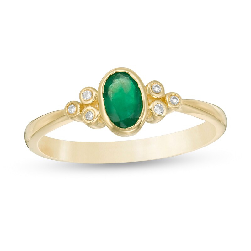 Oval Emerald and Diamond Accent Tri-Sides Ring in 10K Gold
