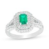Thumbnail Image 1 of Emerald-Cut Lab-Created Emerald and White Sapphire Double Cushion Frame Split Shank Ring in Sterling Silver