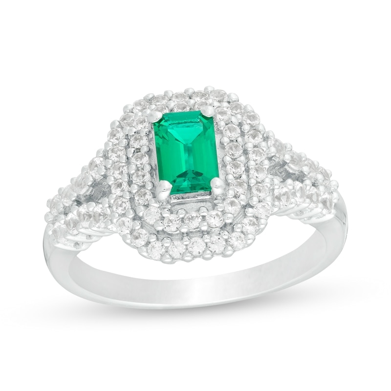 Emerald-Cut Lab-Created Emerald and White Sapphire Double Cushion Frame Split Shank Ring in Sterling Silver