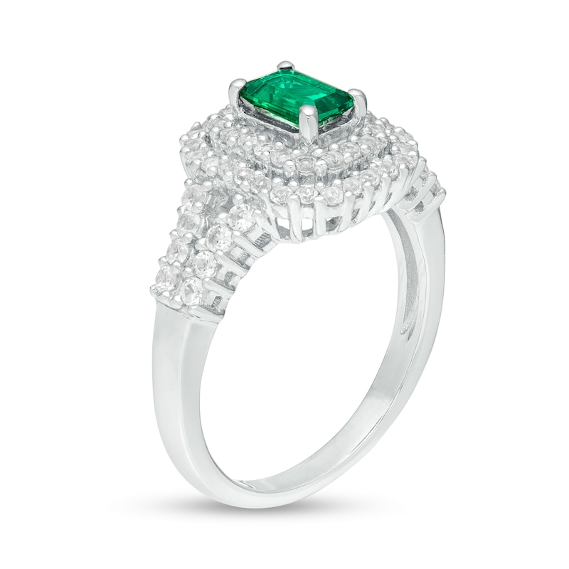 Emerald-Cut Lab-Created Emerald and White Sapphire Double Cushion Frame Split Shank Ring in Sterling Silver