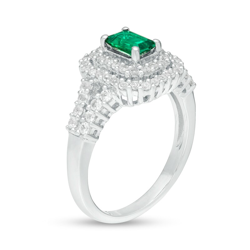Main Image 3 of Emerald-Cut Lab-Created Emerald and White Sapphire Double Cushion Frame Split Shank Ring in Sterling Silver