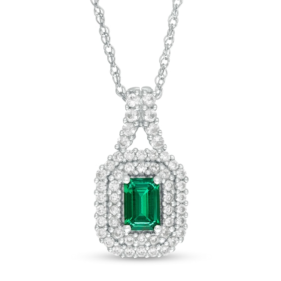 Emerald-Cut Lab-Created Emerald and White Sapphire Double Cushion Frame Pendant in Sterling Silver