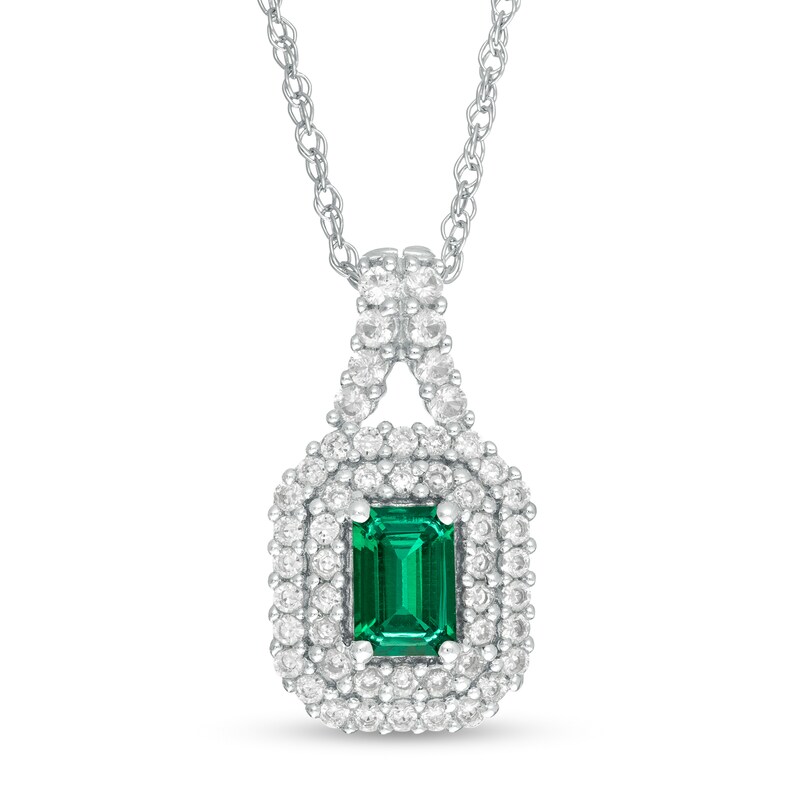 Main Image 1 of Emerald-Cut Lab-Created Emerald and White Sapphire Double Cushion Frame Pendant in Sterling Silver