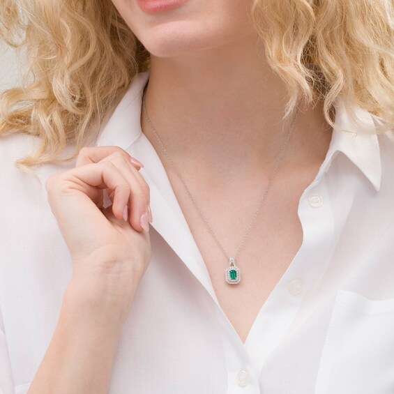 Emerald-Cut Lab-Created Emerald and White Sapphire Double Cushion Frame Pendant in Sterling Silver