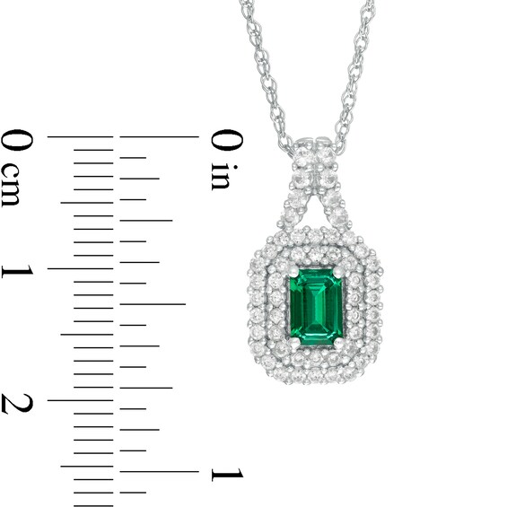 Emerald-Cut Lab-Created Emerald and White Sapphire Double Cushion Frame Pendant in Sterling Silver