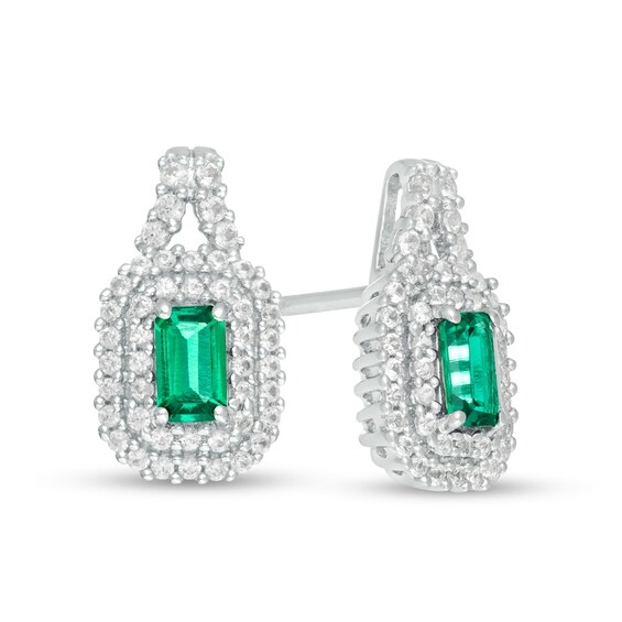 Emerald-Cut Lab-Created Emerald and White Sapphire Cushion Frame Drop Earrings in Sterling Silver