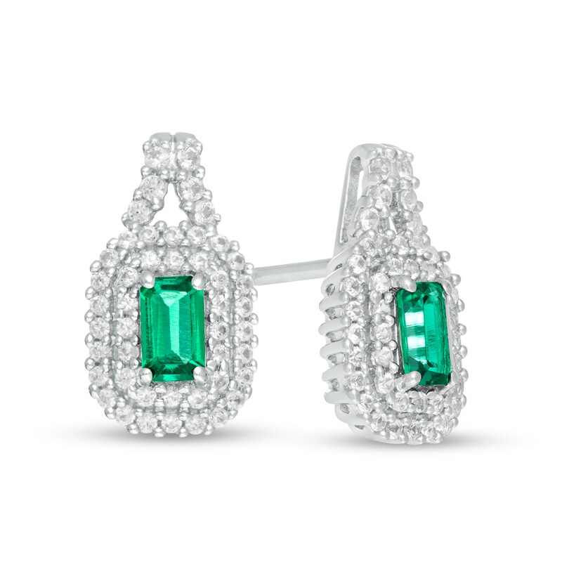 Main Image 1 of Emerald-Cut Lab-Created Emerald and White Sapphire Cushion Frame Drop Earrings in Sterling Silver