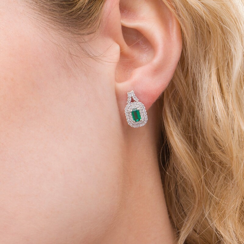 Main Image 2 of Emerald-Cut Lab-Created Emerald and White Sapphire Cushion Frame Drop Earrings in Sterling Silver