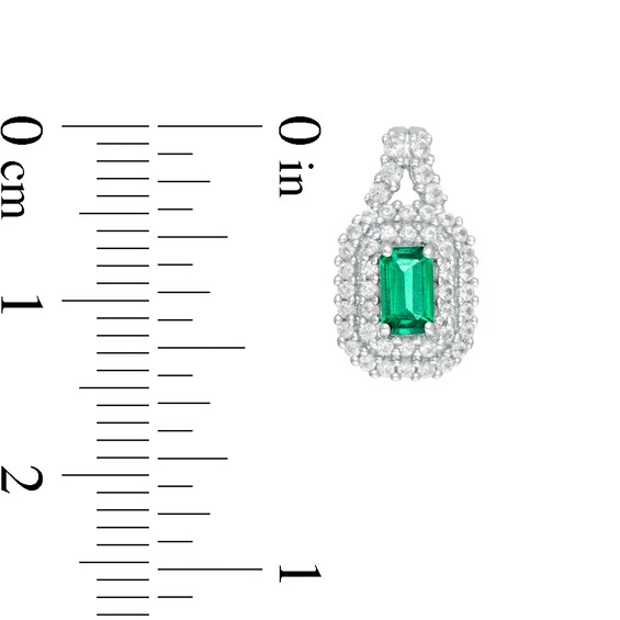 Emerald-Cut Lab-Created Emerald and White Sapphire Cushion Frame Drop Earrings in Sterling Silver