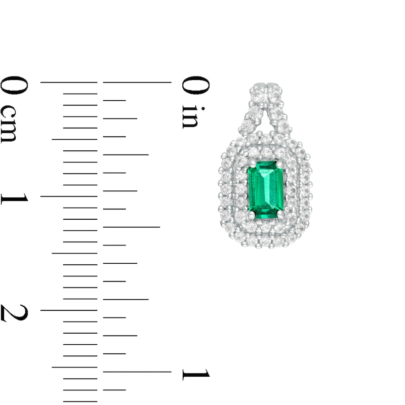 Main Image 3 of Emerald-Cut Lab-Created Emerald and White Sapphire Cushion Frame Drop Earrings in Sterling Silver