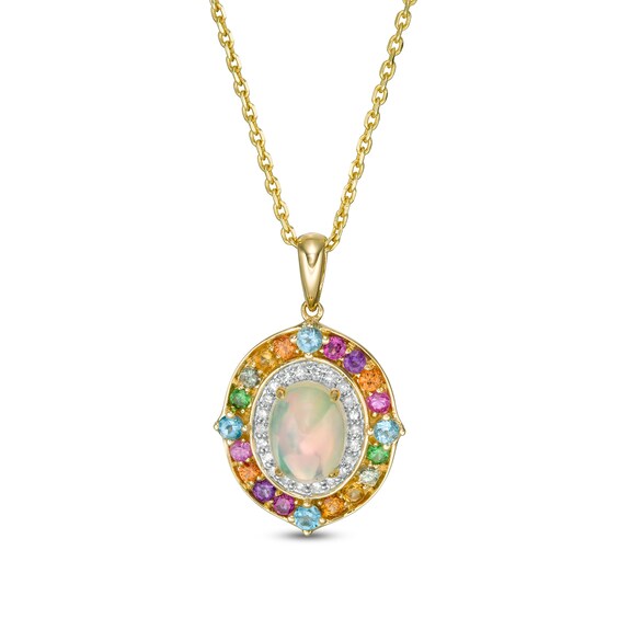Oval Opal, Multi-Gemstone and 1/10 CT. T.w. Diamond Frame Pendant in Sterling Silver with 14K Gold Plate